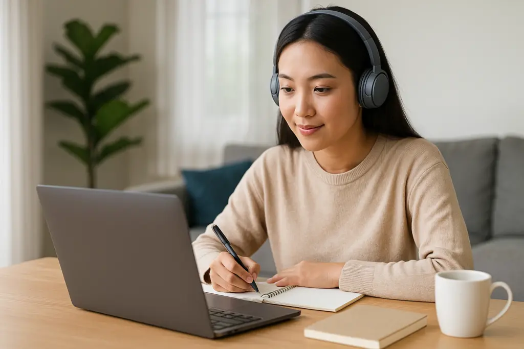 Woman studying online comfortably at home