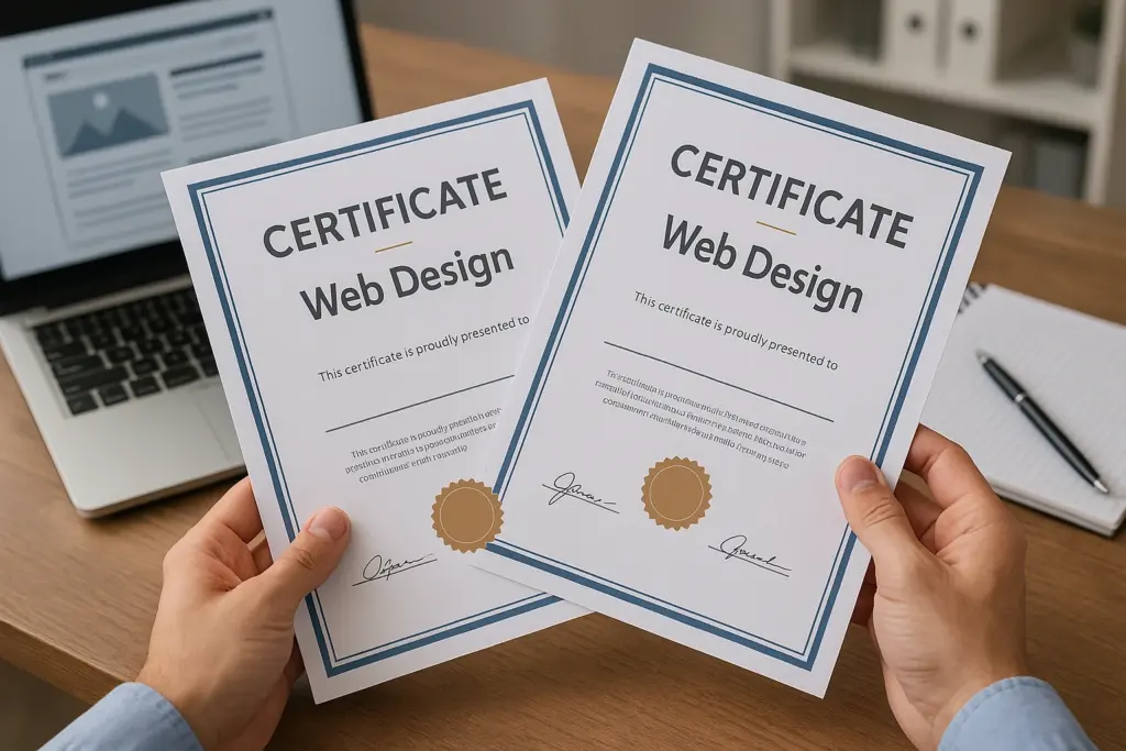 student holding web design certification documents